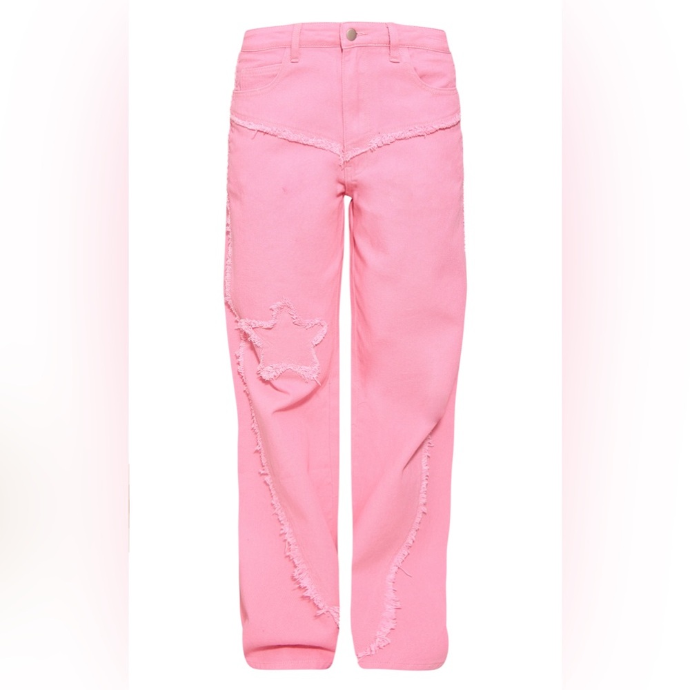 Candy Pink Raw Hem Detail Star Applique Wide Leg Jeans